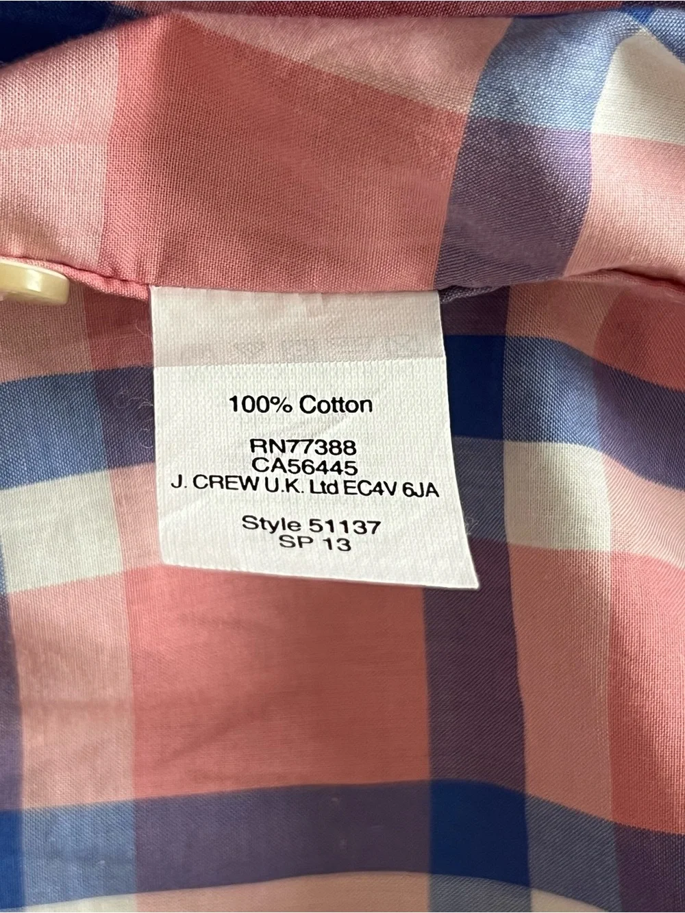 J Crew Men's Pink & Blue Plaid Cotton Poplin Button-Down Shirt Size XL